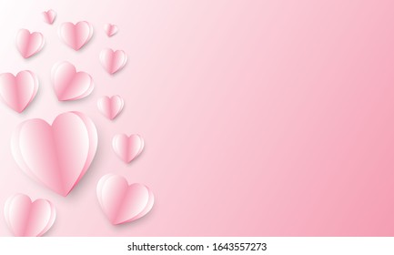 Paper elements in shape of heart flying on pink background. Vector symbols of love for Happy Women's, Mother's, Valentine's Day, birthday greeting card design.