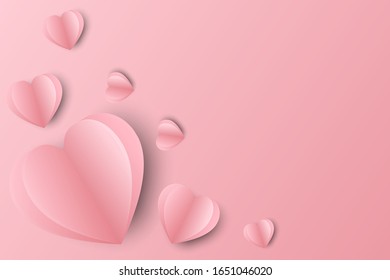 Paper elements in shape of heart flying on pink background. Vector symbols of love for Happy Women's, Mother's, Valentines Day, birthday greeting card design. And space for your messages