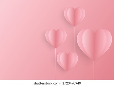 Paper elements in shape of heart flying on pink background. Vector symbols of love for happy women's, mother's valentine's, greeting card design.