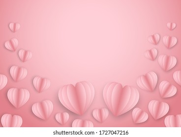 Paper elements in shape of heart flying on pink background. Vector symbols of love for Valentine's Day.