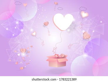Paper elements in shape of heart flying on 
Purple background. Vector symbols of love Abstract futuristic.