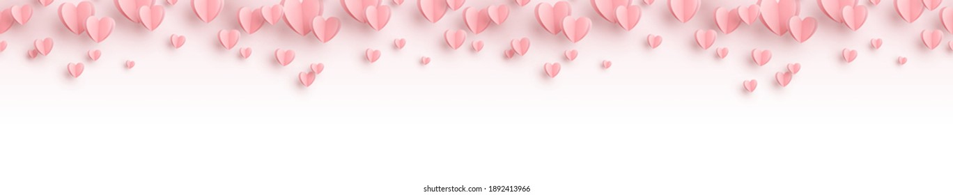 Paper elements in shape of heart flying on white background. Decoration seamless border. Vector pink symbols of love for Happy Mother's, Valentine's Day, birthday greeting card design