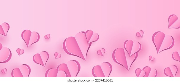Paper elements in shape of heart flying on pink background. Vector symbols of love for Happy Women's, Mother's Day, or Birthday greeting card. Vector illustration