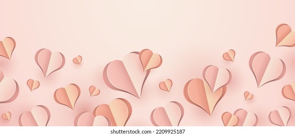 Paper elements in shape of heart flying on pink background. Vector symbols of love for Happy Women's, Mother's Day, or Birthday greeting card. Vector illustration
