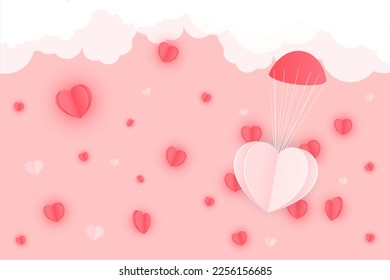 Paper elements in shape of heart flying on pink background. concept of love for Happy Women's, Mother's, Valentine's Day, birthday greeting card design.