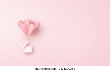 Paper elements in shape of heart flying on pink background. Vector symbols of love with gift box for Happy Women's, Mother's, Valentine's Day, birthday greeting card design