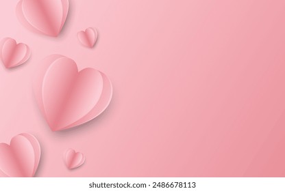 Paper elements in shape of heart flying on pink background. Vector symbols of love for Happy Women's, Mother's, Valentine's Day. Trendy love backgrounds and romantic hearts. Greeting card design