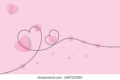 Paper elements in shape of heart flying on pink background. Vector symbols of love for Happy Women's, Mother's, Valentine's Day. Trendy love backgrounds and romantic hearts. Greeting card design