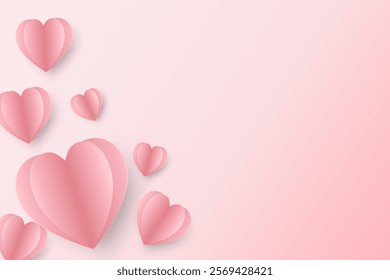 Paper elements in shape of heart flying on pink background. Vector symbols of love for Happy Women's, Mother's, Valentine's Day, birthday greeting card design.