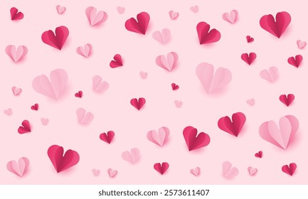 Paper elements in shape of heart flying on pink background., Happy Valentine's day card hearts, birthday greeting card vector design.