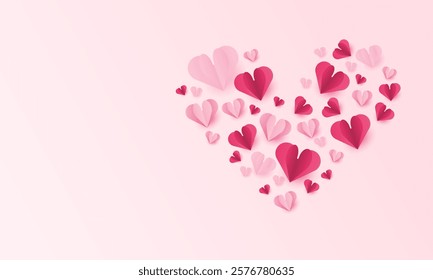 Paper elements in shape of heart flying on pink background., Happy Valentine's day card hearts, birthday greeting card vector design.