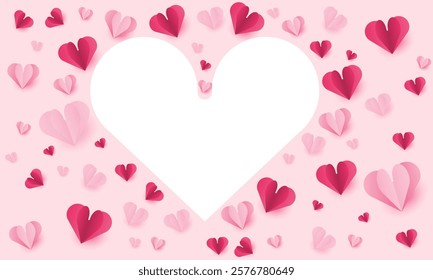 Paper elements in shape of heart flying on pink background., Happy Valentine's day card hearts, birthday greeting card vector design.