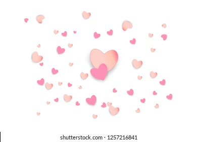 Paper elements in shape of heart  on pink background. Vector symbols of love for Happy Women's, Mother's, Valentine's Day, birthday greeting card design. 