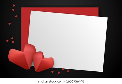 Paper elements in shape of heart on paper and black background. Vector symbols of love for Happy Women's, Mother's, Valentine's Day, birthday greeting card design.