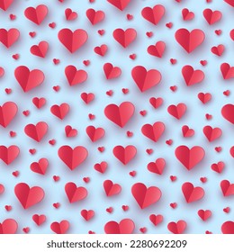 Paper elements in shape of heart on blue background. Concept of a seamless pattern for Valentine’s Day, Mother’s Day and Women’s Day. Vector illustration