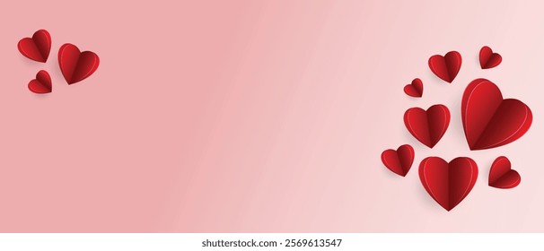 Paper elements in the shape of hearts flying on red background. Vector symbols of love for Happy Women's, Mother's, Valentine's Day, birthday greeting card design.