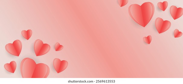 Paper elements in the shape of hearts flying on red background. Vector symbols of love for Happy Women's, Mother's, Valentine's Day, birthday greeting card design.