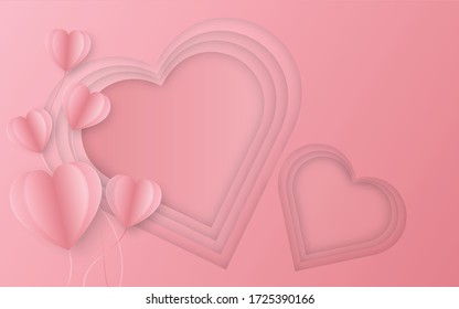 Paper elements in shape of pink heart flying on pink background. Vector symbols of love for happy women's, mother's, valentine's, greeting card design.