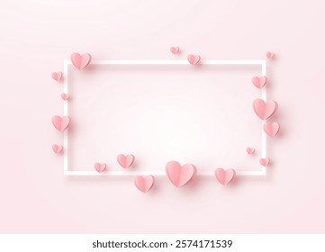 Paper elements in shapes of hearts flying with white frame on pink background. Vector symbols of love for Happy Mother's, Valentine's Day or birthday greeting card design
