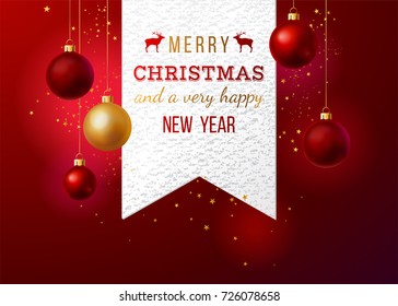 Paper emblem with type design - merry Christmas and a very happy new year - and Christmas balls hanging on bright red background. Vector illustration