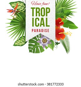Paper emblem with type design and tropical flowers and plants