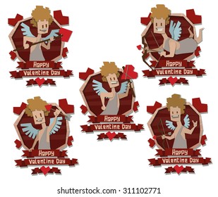 Paper emblems with cute valentine paper angels, set, vector