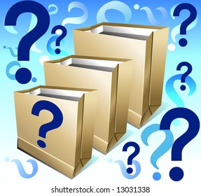 Paper empty packages for packing foodstuff with signs on questions, shopping illustration