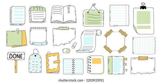 Papel vacío en forma de doodle. Esbozar la ilustración vectorial de los agitadores para las notas. Conjunto de lista de verificación Doodle. Hojas del diario de viñetas en blanco.  Para hacer una lista, páginas memo.