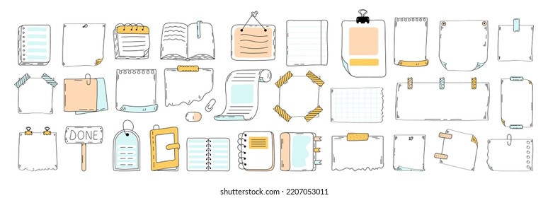 Papel vacío en forma de doodle. Ilustración vectorial de los estimuladores de línea para notas. Para hacer una lista, páginas memo. Colorido conjunto de página de papel en línea dibujada a mano. Conjunto de lista de verificación Doodle. Hojas del diario de viñetas en blanco. 