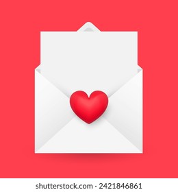 Sobre de papel con corazón 3d y hoja en blanco dentro sobre fondo rosado. Banner feliz día de San Valentín o plantilla de cartas. Ilustración del vector