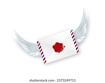 Paper envelope with angel wings. Letters Be my Valentine. White envelope with wings. Realistic 3d design congratulations mail, falling envelope. Vector