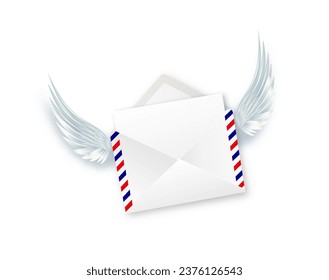 Paper envelope with angel wings. Letters Be my Valentine. White envelope with wings. Realistic 3d design congratulations mail, falling envelope. Vector