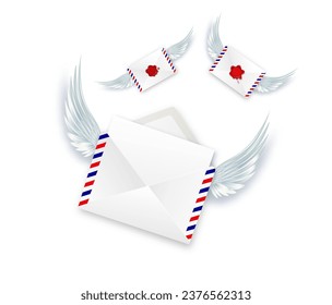 Paper envelope with angel wings. Letters Be my Valentine. White envelope with wings. Realistic 3d design congratulations mail, falling envelope. Vector