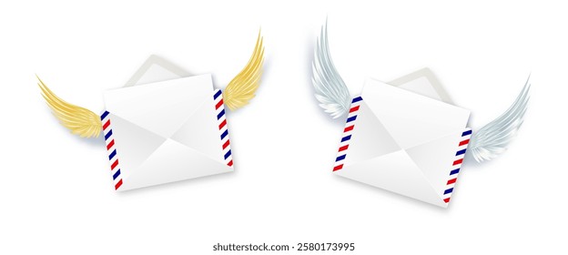 Paper envelope with angel wings. Letters Be my Valentine. White envelope with wings. Realistic 3d design congratulations mail, falling envelope. Vector