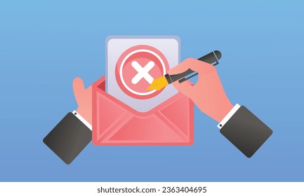 Paper Envelope and Blank with Red Cross Isolated. Render X Checkmark Message in Red Mail Box.on blue background.Vector Design Illustration.