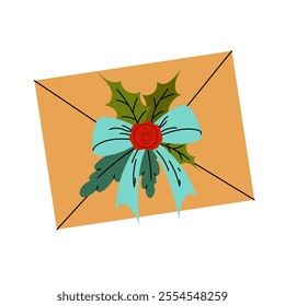 Paper envelope with bow, wax seal and winter plant leaves. Winter festive decor. Flat vector illustration on white background.