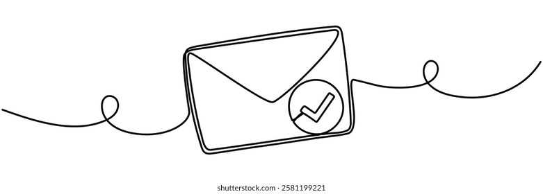 Paper envelope with check mark continuous one line drawing. Receive message concept. Email message sending. Vector illustration isolated on white.
