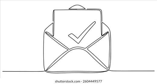 Paper envelope with check mark continuous single line art drawing sketch on white background