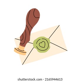 Paper envelope closed with sealing wax. Love mail, letter stamped with decorative sealingwax, stamper. Trendy postal composition in retro style. Flat vector illustration isolated on white background.