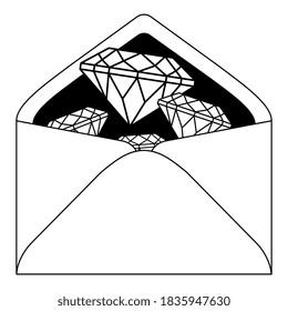 Paper envelope with faceted diamonds inside. Black and white silhouette. Creative concept.
