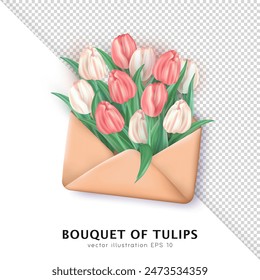 Sobre de papel lleno de un montón de tulipanes blancos y rosas 3d realistas lindos. Ramo tridimensional de flores de primavera y carta abierta aislado sobre fondo transparente. Boletín floral