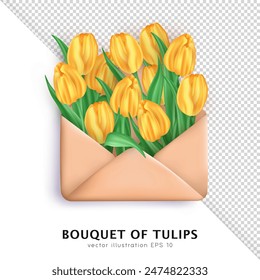 Sobre de papel lleno de un montón de tulipanes amarillos realistas 3d lindos. Ramo tridimensional de flores de primavera y carta abierta aislado sobre fondo transparente. Diseño de boletín floral