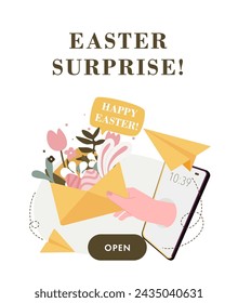 Paper envelope filled with spring in a hand from phone screen. Floral invitation with easter eggs and bunny ears. Easter vector illustration template.