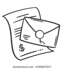 Sobre de papel con icono de línea de carta financiera. Esquema de sobre dibujado a mano con aviso de deuda, multa e impuestos, devolución de dinero. Notificación por mascota de correo, icono de nómina Ilustración vectorial