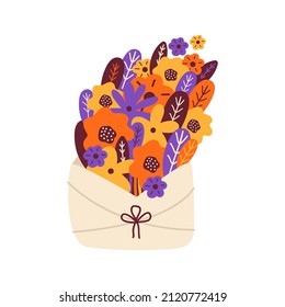 Paper envelope with flower bouquet. Congratulations on Womens Day, March 8, Mothers Day. Open letter with a message from a variety of spring flowers. Hand drawn illustration in Scandinavian style.