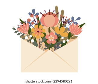 Paper envelope with flowers vector illustration. Spring, summer or celebration of Mother's Day concept