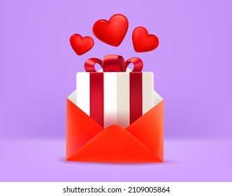 Sobre de papel con caja de regalo. Concepto de mensaje de amor. 3.ª ilustración vectorial
