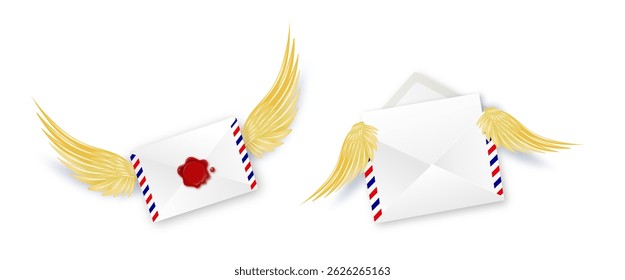 Paper envelope with golden angel wings. Letters Be my Valentine. White envelope with wings. Realistic 3d design congratulations mail, falling envelope. Vector