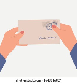 Sobre de papel en las manos. Ilustración vectorial de letra de papel.