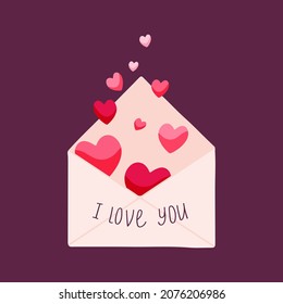 Paper envelope with hearts. Valentine's day concept. Vector hand drawn illustration with message